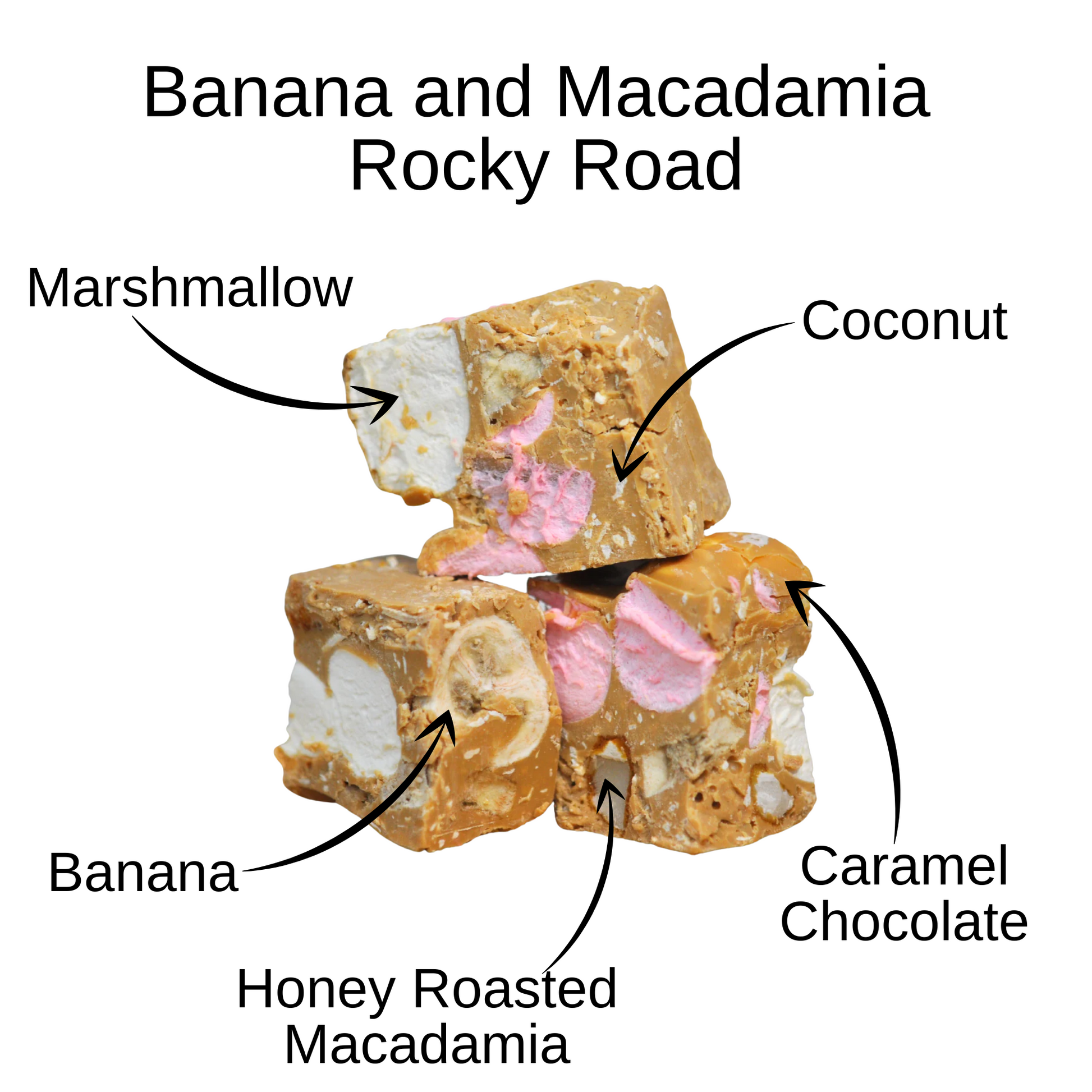 A delicious rocky road dessert featuring bananas and macadamia nuts, showcasing a blend of textures and flavours.