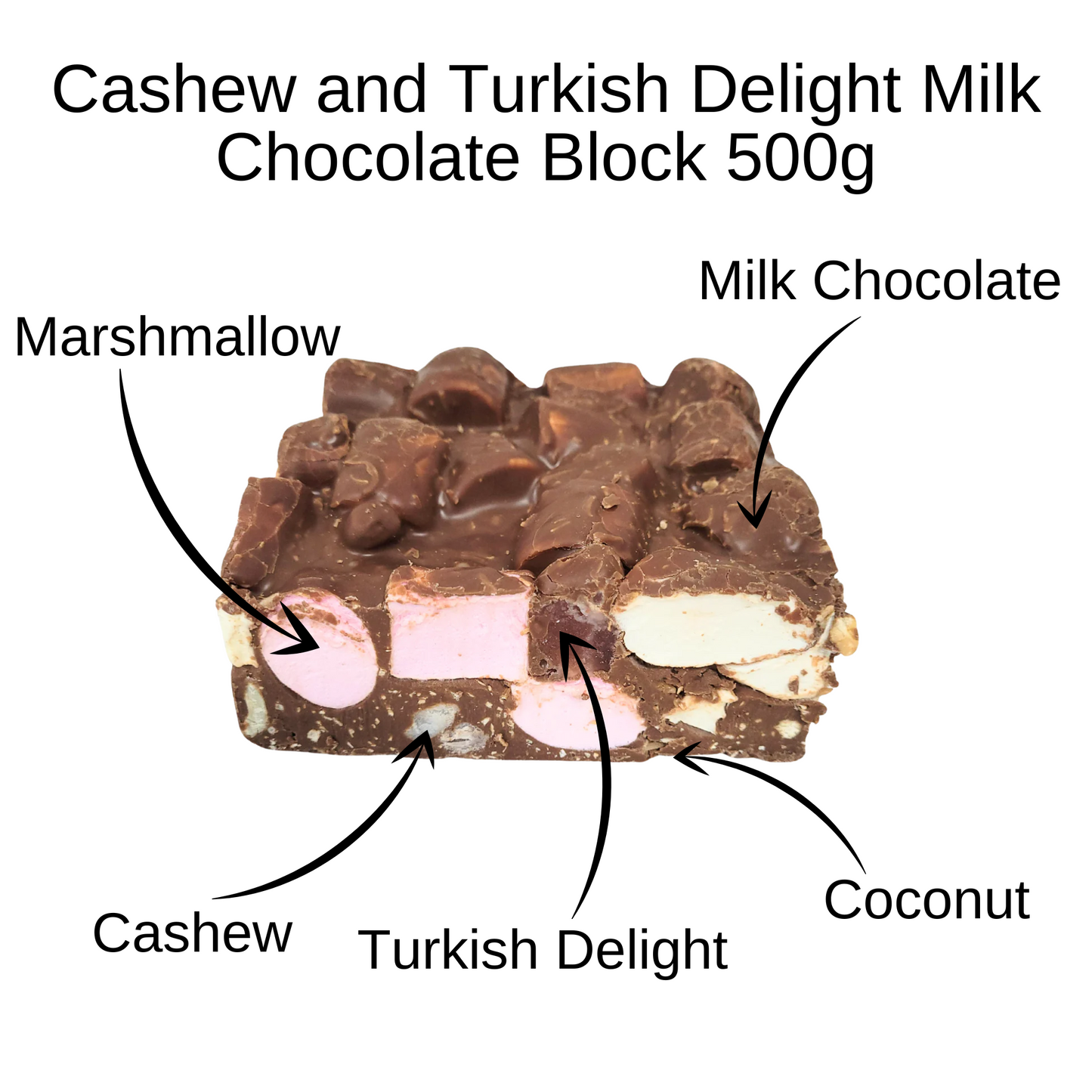 Ingredients of Rocky Road Cashew and Turkish Delight Milk Chocolate