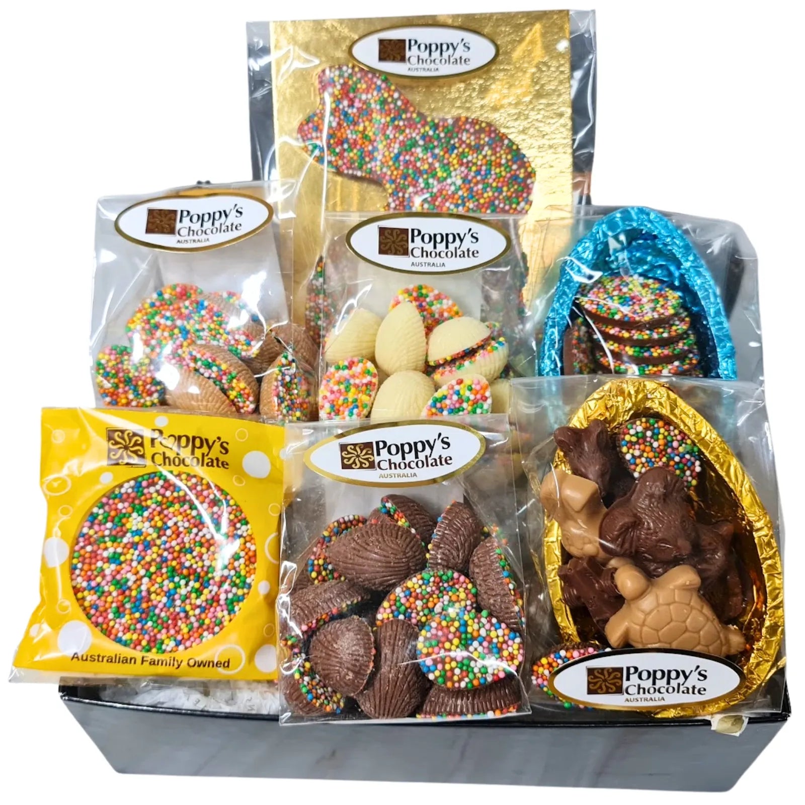 A hamper box from Poppy's Chocolate containing an assortment of Easter eggs and Easter Bunny chocolates sprinkled with 100s & 1000s.

