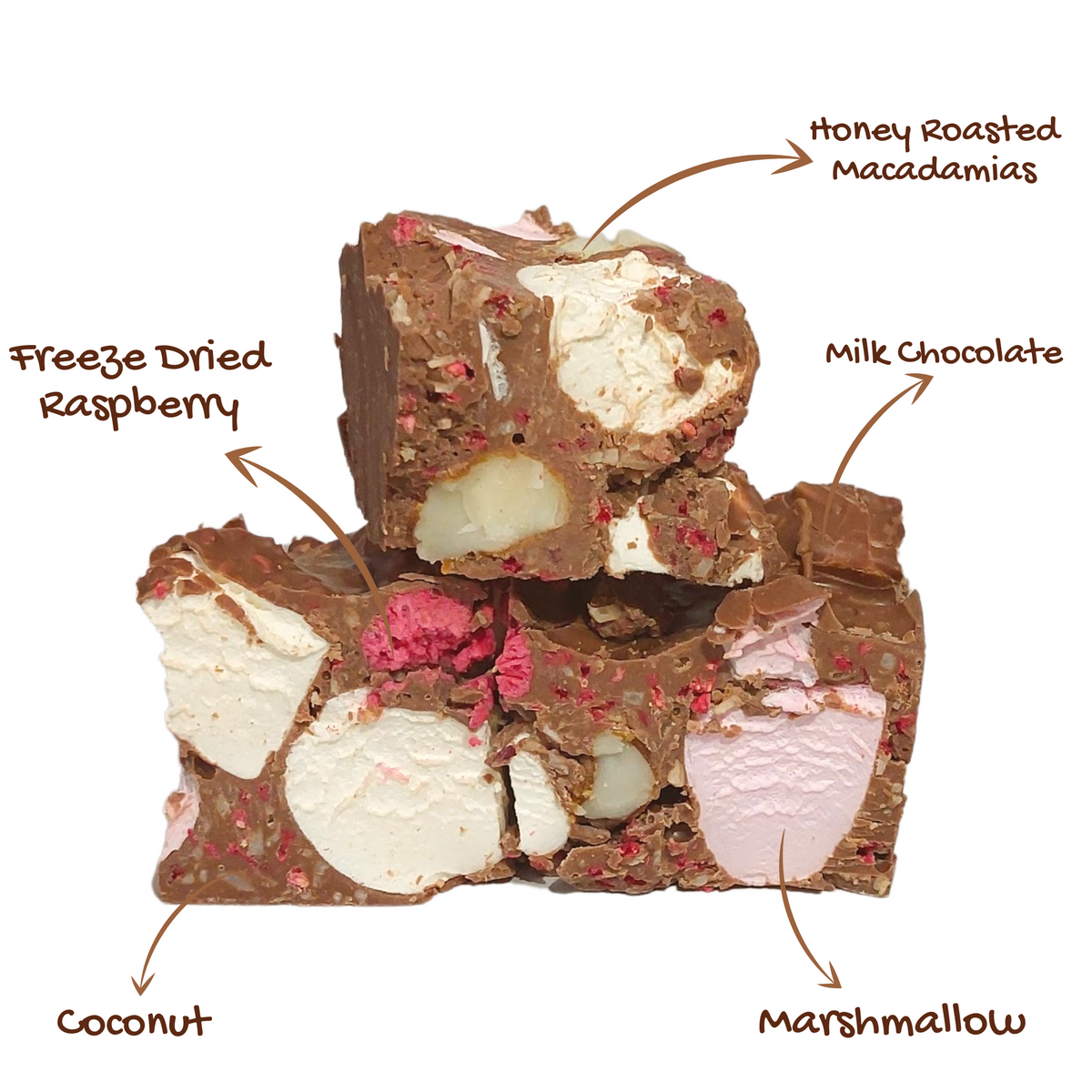 Poppy Chocolate Raspberry Rocky Road Raspberry and Macadamia 125g - Poppy's Chocolate Wholesale