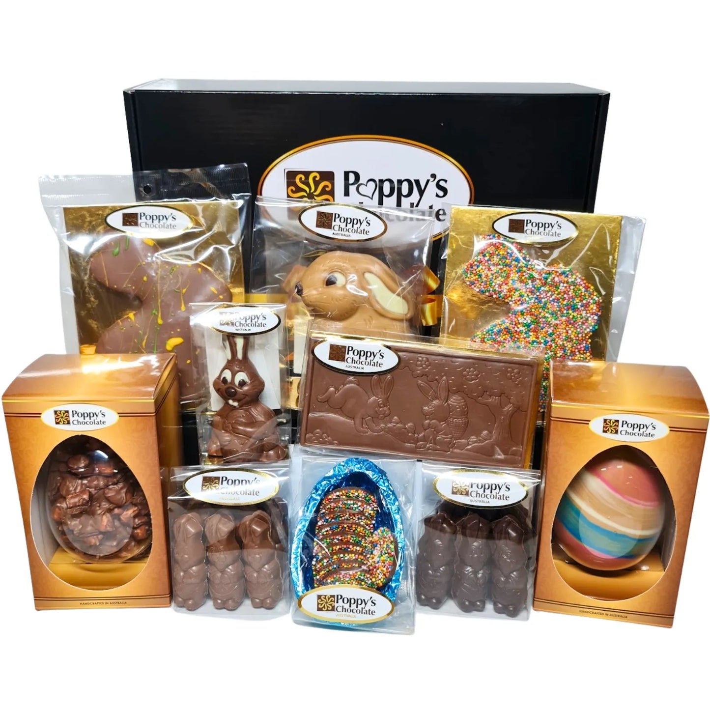 An assortment of Poppys Chocolates in Poppy's Black Hamper Box. The selection includes various Easter Chocolates from Easter Eggs to Easter Bunnies.