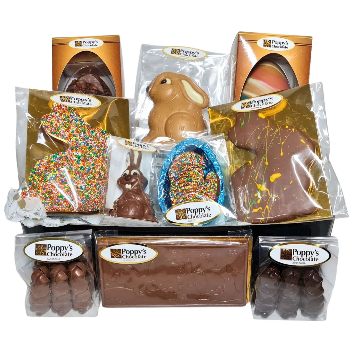 An assortment of Poppys Chocolates in Poppy's Black Hamper Box. The selection includes various Easter Chocolates from Easter Eggs to Easter Bunnies.